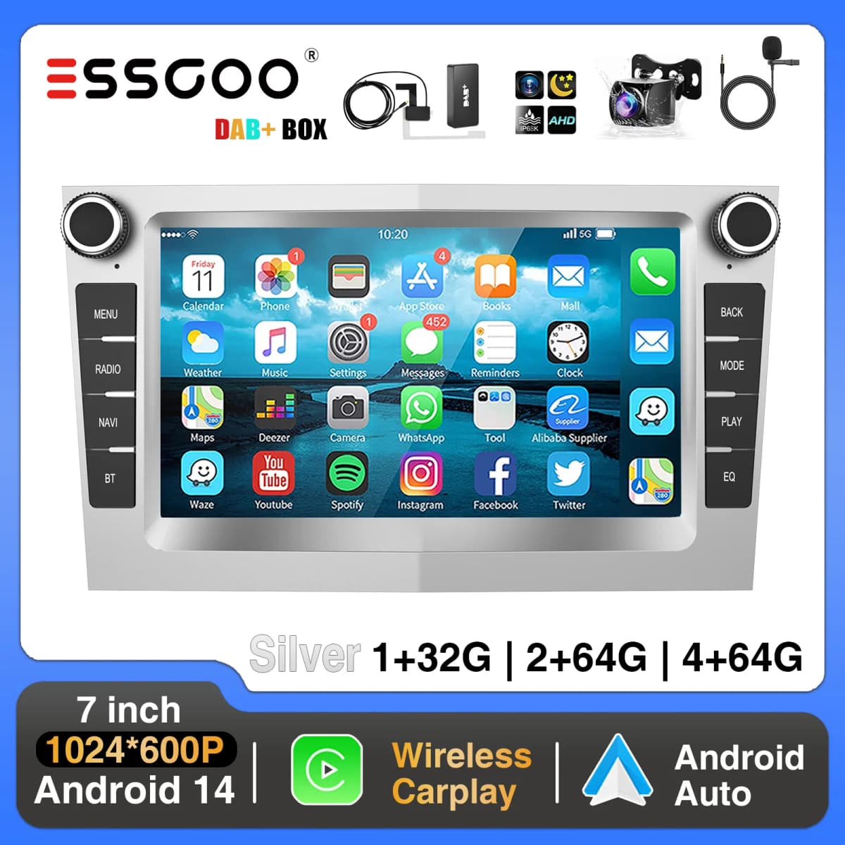 ESSGOO Android 14 4+64G CarPlay Car Stereo Radio For Opel/Vauxhall Astra G H Corsa C D Vectra Android Auto GPS NAV DAB+ Silver