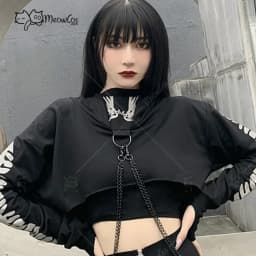 Clearance Price MEOWCOS Women Crop Top Punk Gothic Clothes Long Sleeve Hoodies with Chain Fish Bone Print Reflective Hoodies