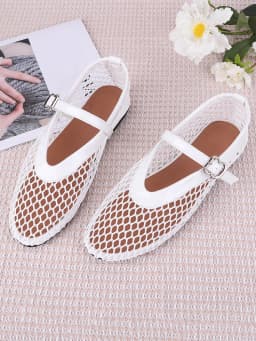 Women Mesh Ballet Flats Fishnet Ballerina Flats Breathable Slip On Ballerina Shoes Buckle Strap Daily Dress Shoes for Commuting