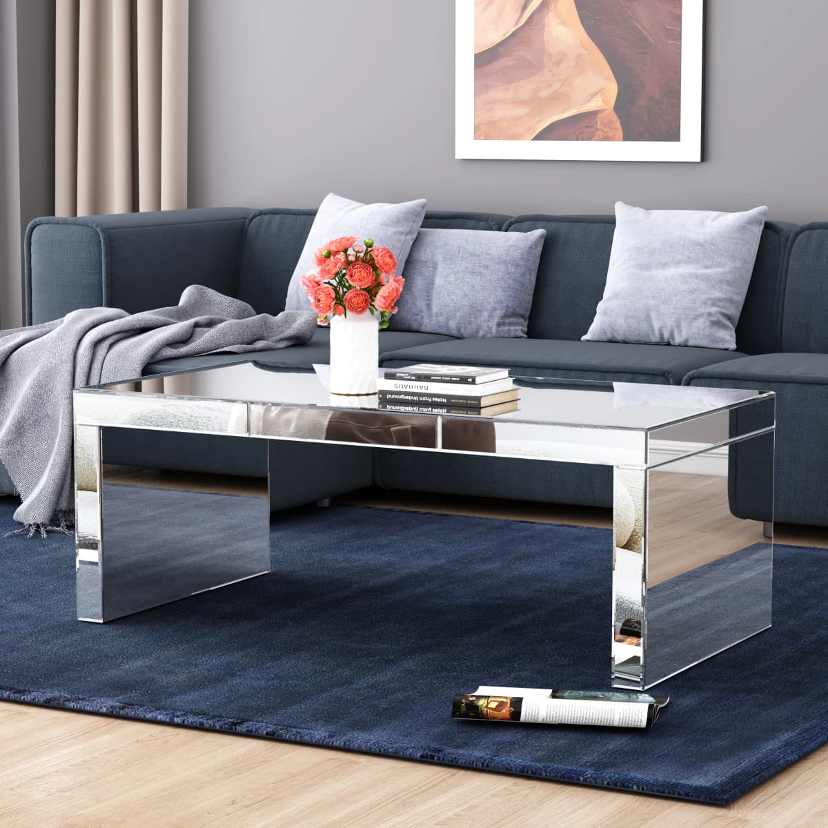 SHYFOY Silver Coffee Tables for Living Room with Crushed Crystal Clear Glass Rectangle Center Table Mirrored Finished