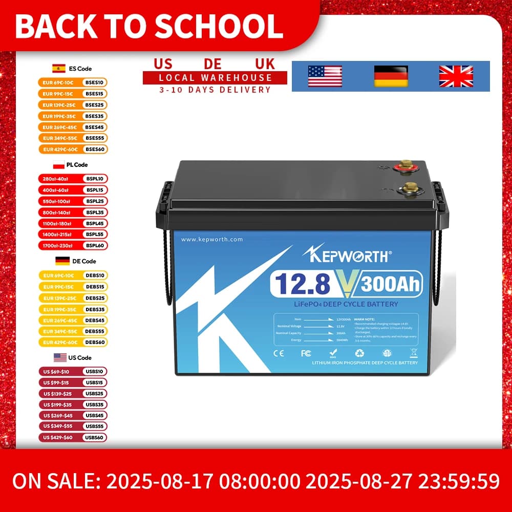 KEPWORTH 12V 300Ah LiFePO4 Battery Deep Cycle for RV Boat Solar Trolling Motor, UK Stock Fast Shipping