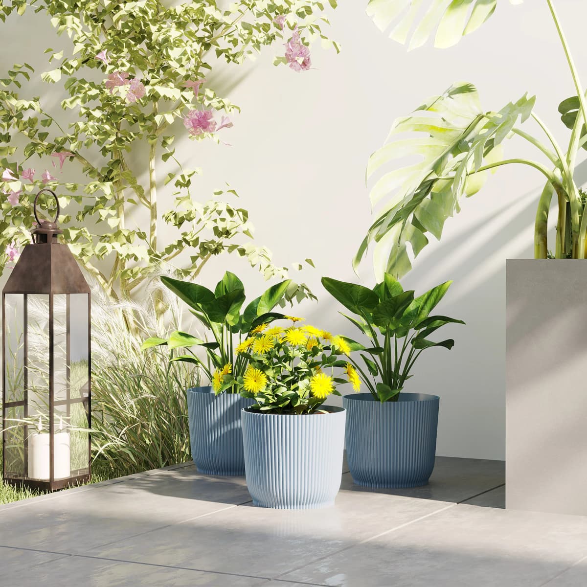 Outsunny Set of 3 Plastic Round Plant Pots Outdoor 22cm, Garden Planters, Flower Pots for Garden Decoration, Blue