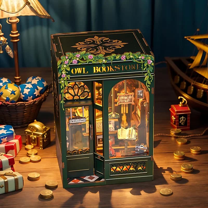 CUTEBEE DIY Book Nook Kit with LED Light Wooden Bookshelf Insert Retro Street Bookshop Series Miniature Dollhouse for Adults
