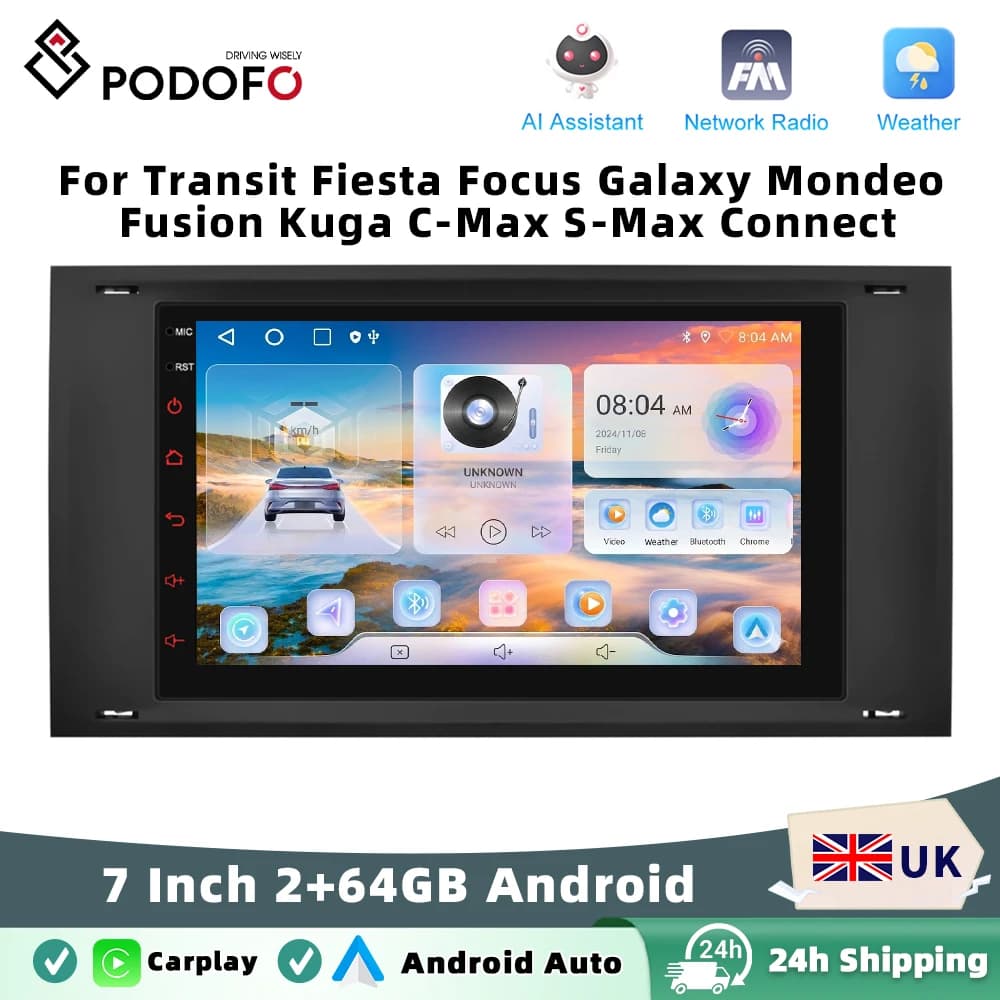 Podofo Car Radio Wireless Carplay Android Auto Audio Stereo Mirror Link 7 Inch For Transit Fiesta Focus Galaxy Mondeo Fusion
