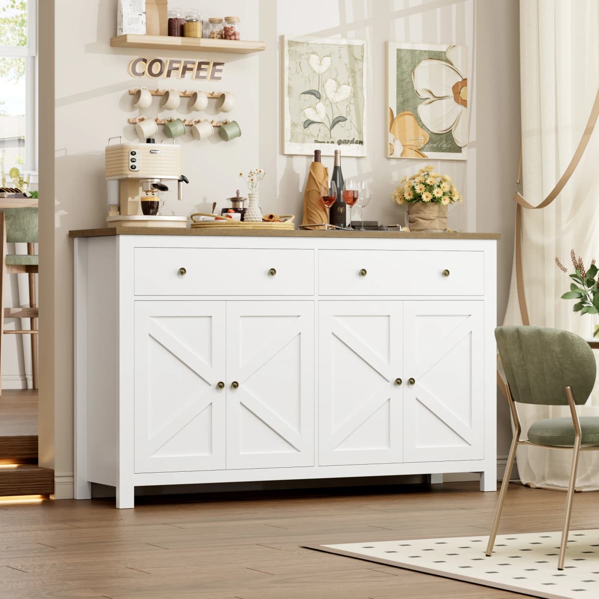 Getone White Sideboard Storage Cabinet 140cm Large Kitchen Cabinet for Living Room Dining Room