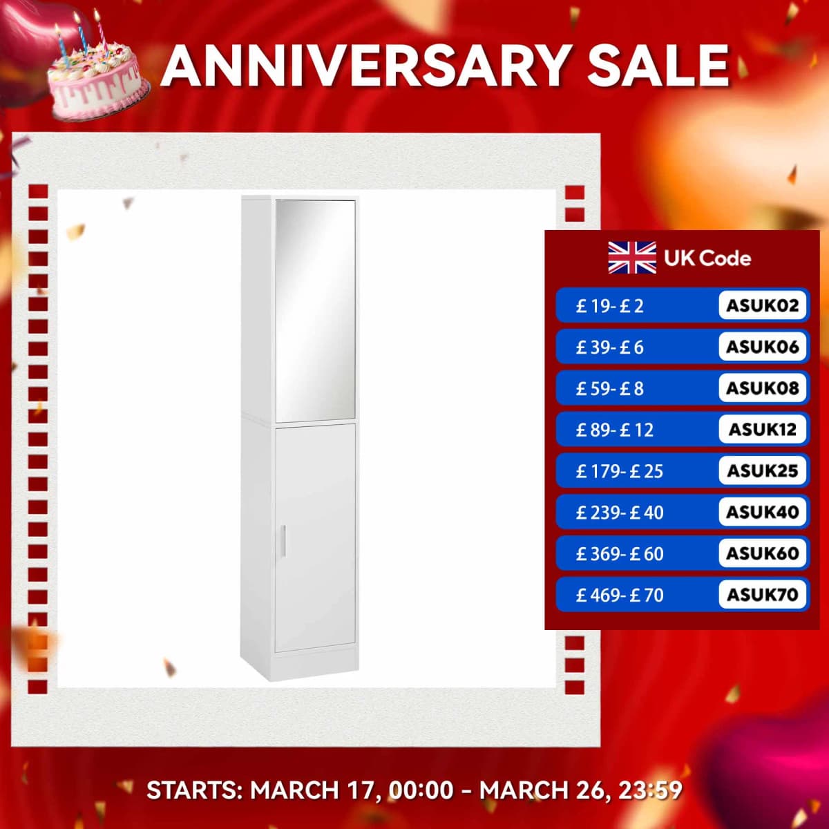 kleankin Tall Mirrored Bathroom Cabinet Tallboy Unit w/Adjustable Shelf White