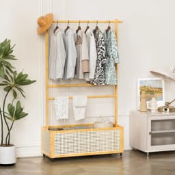 Bamboo Garment Rack, Entryway Coat Rack with Rattan Bin & Hanging Rod, 360 Degree Casters Wardrobe Closet Clothing Rack