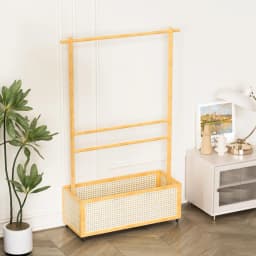 Bamboo Garment Rack, Entryway Coat Rack with Rattan Bin & Hanging Rod, 360 Degree Casters Wardrobe Closet Clothing Rack