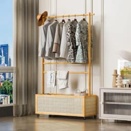 Bamboo Garment Rack, Entryway Coat Rack with Rattan Bin & Hanging Rod, 360 Degree Casters Wardrobe Closet Clothing Rack