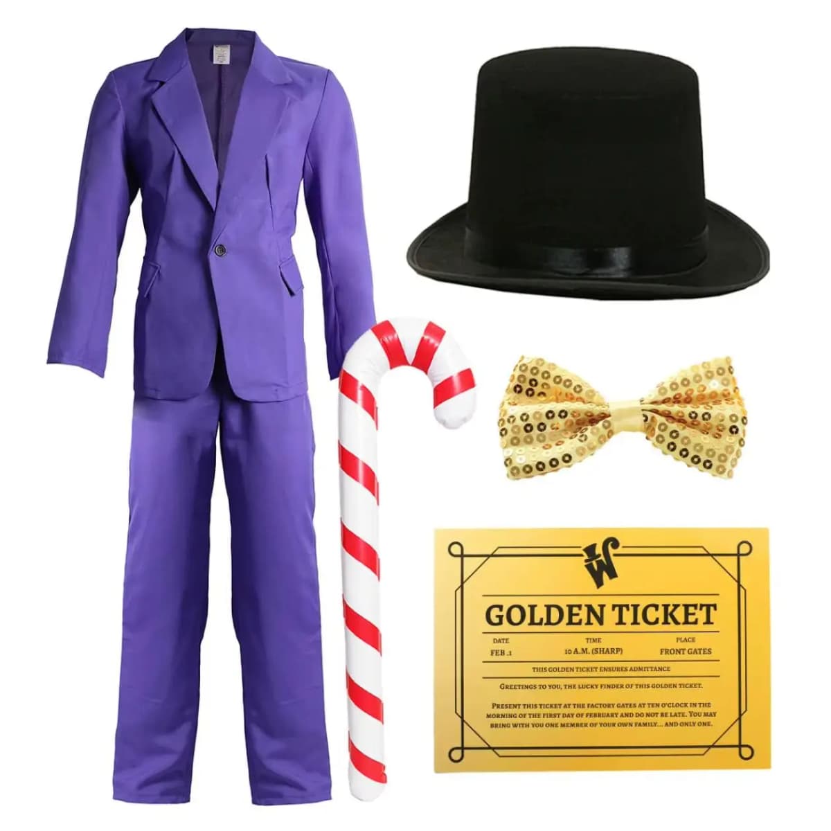 Adults Chocolate Factory Boss Costume - Purple Suit, Top Hat, Gold Bowtie, Inflatable Candy Cane & Golden Ticket -World Book Day