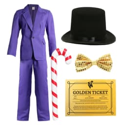 Adults Chocolate Factory Boss Costume - Purple Suit, Top Hat, Gold Bowtie, Inflatable Candy Cane & Golden Ticket -World Book Day