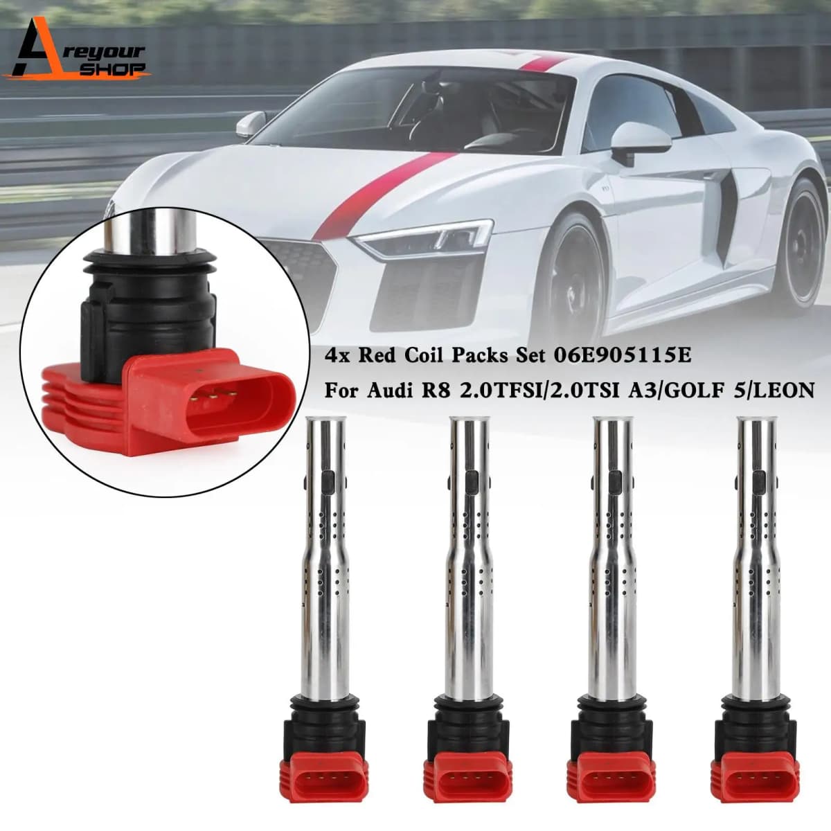 Areyourshop 4x Red Coil Packs Set 06E905115E for Audi R8 2.0TFSI/2.0TSI A3/GOLF 5/LEON Car Accessories Parts