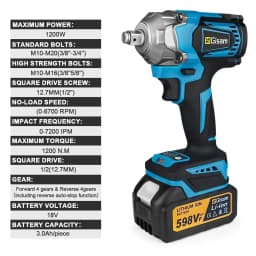 Gisam 1200N.M Torque Brushless Electric Impact Wrench 1/2 Inch Cordless Wrench Screwdriver Power Tool For Makita 18V Battery Pin