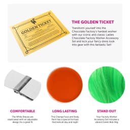 Ladies Chocolate Factory Worker Accessory Set - Green Wig, White Gloves, Braces, Face Paint & Golden Ticket - World Book Day