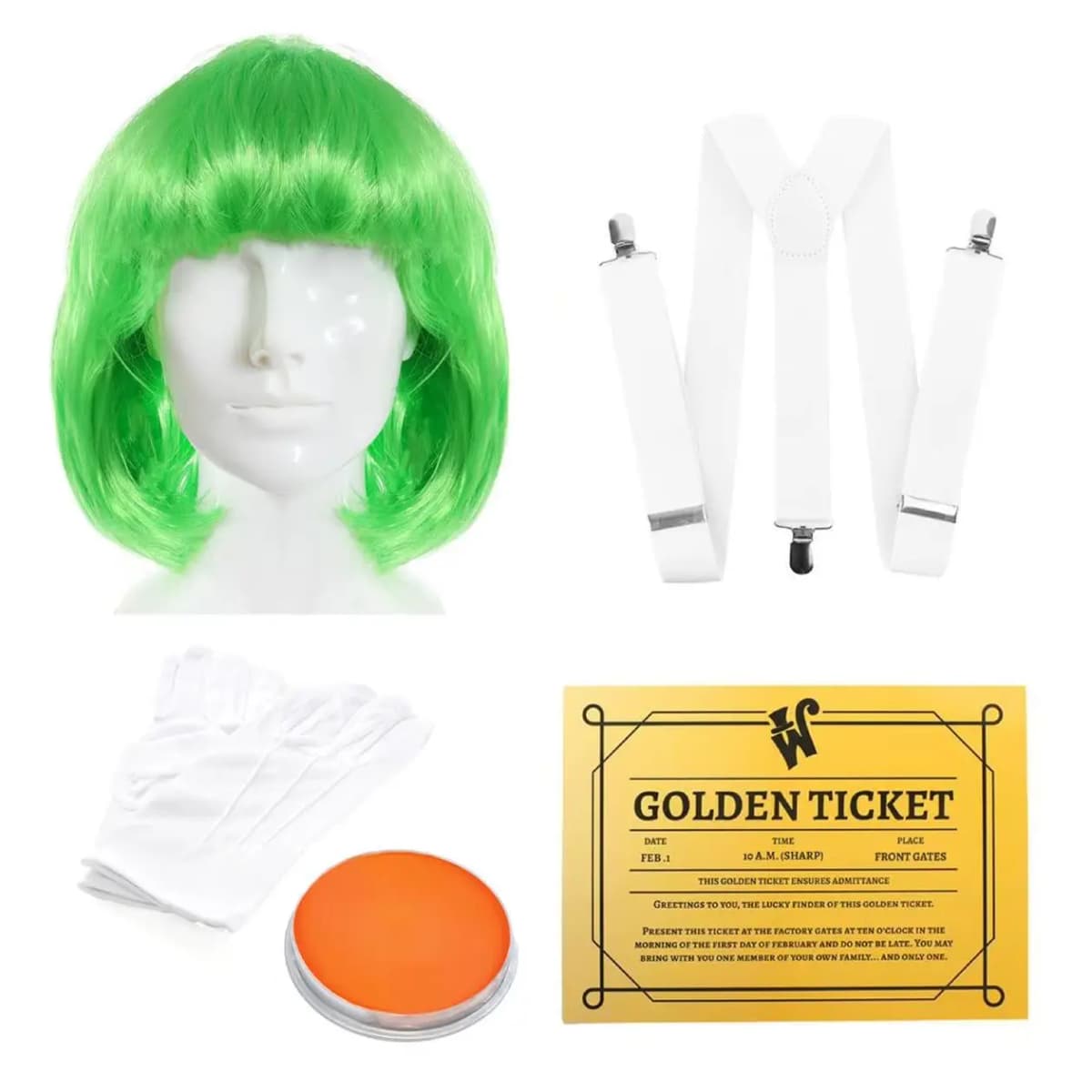 Ladies Chocolate Factory Worker Accessory Set - Green Wig, White Gloves, Braces, Face Paint & Golden Ticket - World Book Day