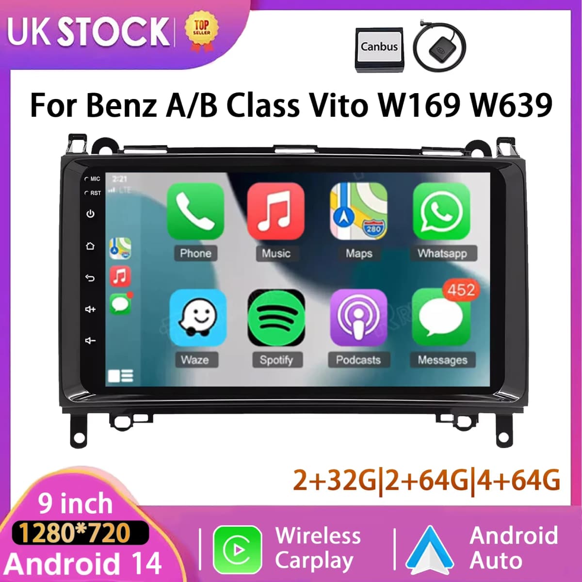 Essgoo 2DIN Android 14 9inch Carplay Car Stereo Multimedia Player Radio GPS Navi For Mercedes Benz A/B Class W169 W245 B200 W906