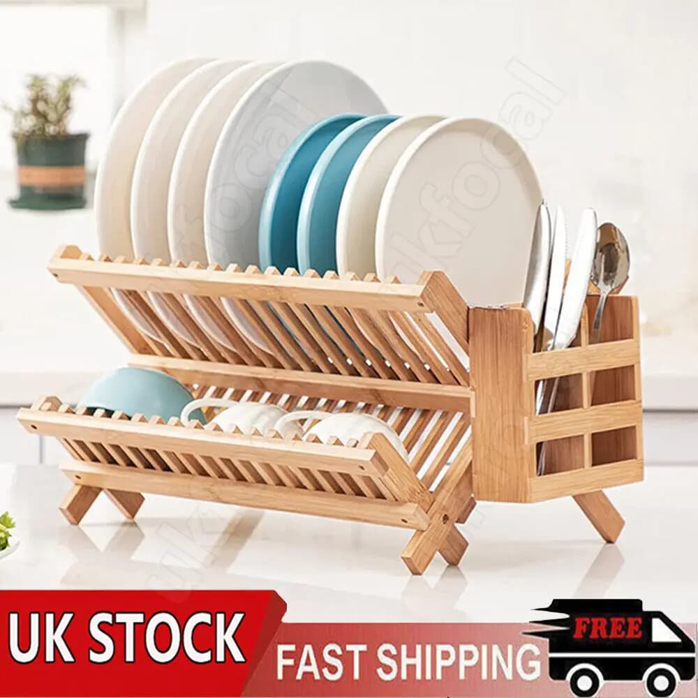 Folding Bamboo Dish Drying Rack Holder Stand Drip Drainer Rack Storage UK STOCK