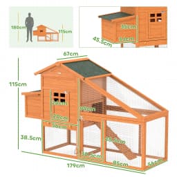 PawHut Wooden Chicken Coop Poultry Coop with Nesting Box, Slide-out Tray, Ramp, Perches, Asphalt Roof, 179 x 67 x 115cm