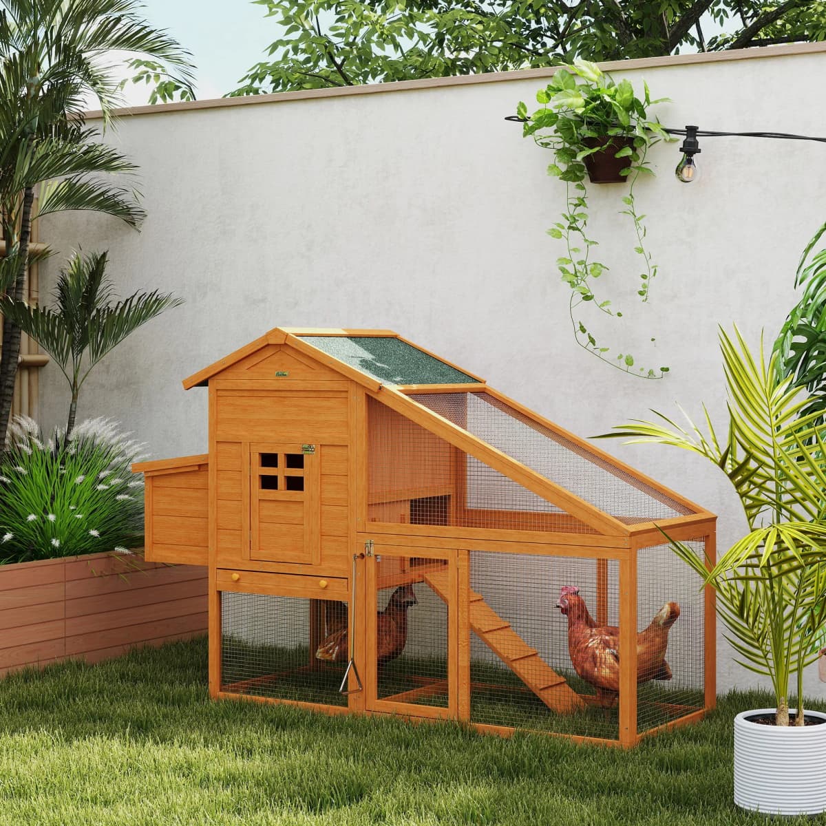 PawHut Wooden Chicken Coop Poultry Coop with Nesting Box, Slide-out Tray, Ramp, Perches, Asphalt Roof, 179 x 67 x 115cm
