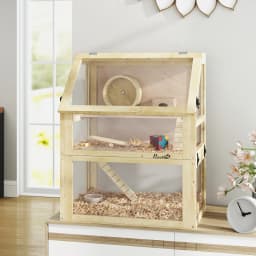 PawHut Wooden Hamster Cage, 3 Tier Gerbil Cage with Detachable 32cm Deep Bottom, Hut, Seesaw,Ramps Natural Wood Finish