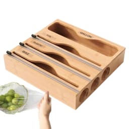 5-in-1 Kitchen Storage Shelf Plastic Wrap Dispenser With Cutter Bamboo Ziplock Bag Organizer Multifunctional Wrap Dispensers