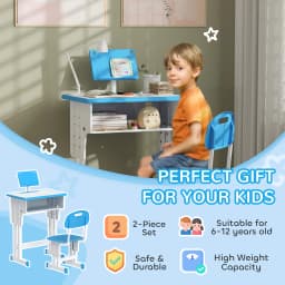 HOMCOM Kids Desk and Chair Set Adjustable Height Drawer Book Stand Blue