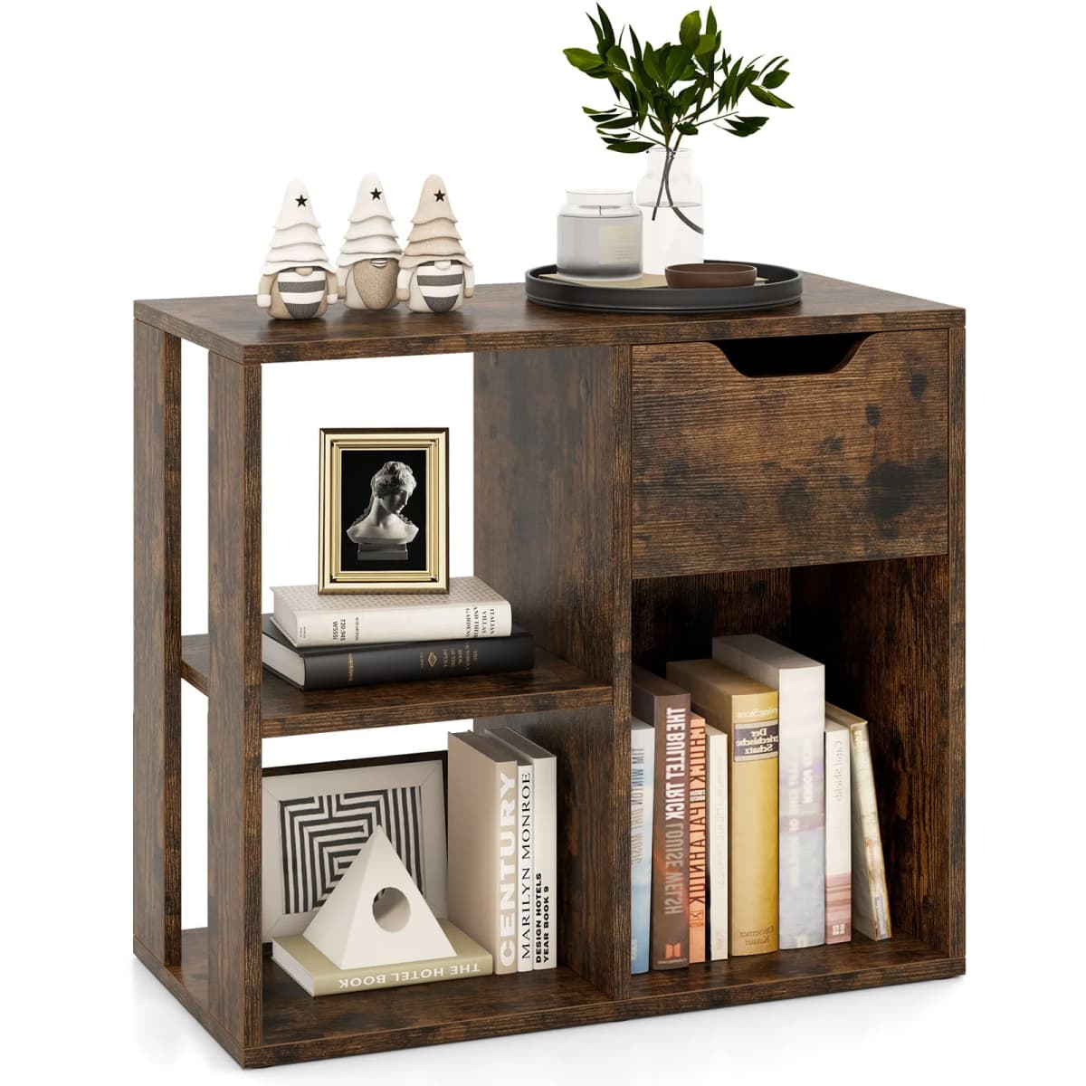 GOFLAME 3-Cube Bookcase 2-tier Wooden Storage Shelf w/ Drawer-Coffee