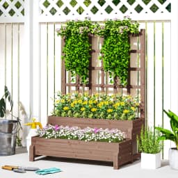 2-Tier Wooden Raised Flower Bed with Trellis and Drainage Holes, Brown