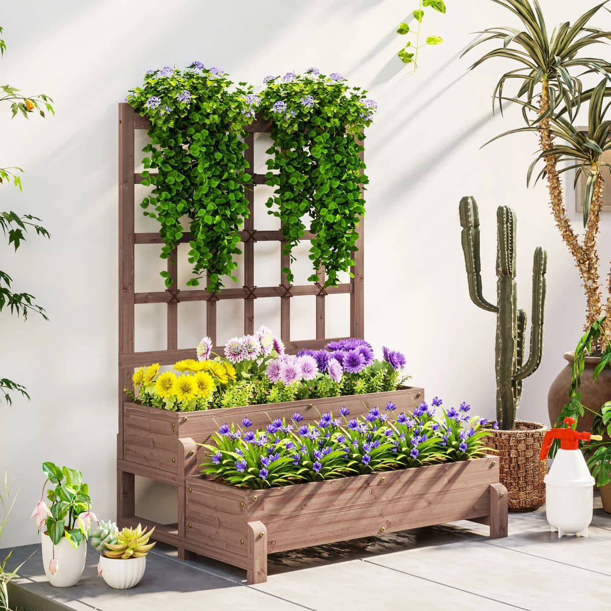 2-Tier Wooden Raised Flower Bed with Trellis and Drainage Holes, Brown