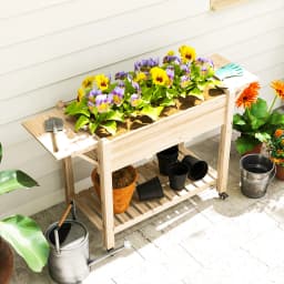 Wooden Raised Bed Planter with Lockable Wheels, Side Tables, Liner, Natural