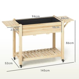 Wooden Raised Bed Planter with Lockable Wheels, Side Tables, Liner, Natural