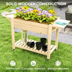 Wooden Raised Bed Planter with Lockable Wheels, Side Tables, Liner, Natural