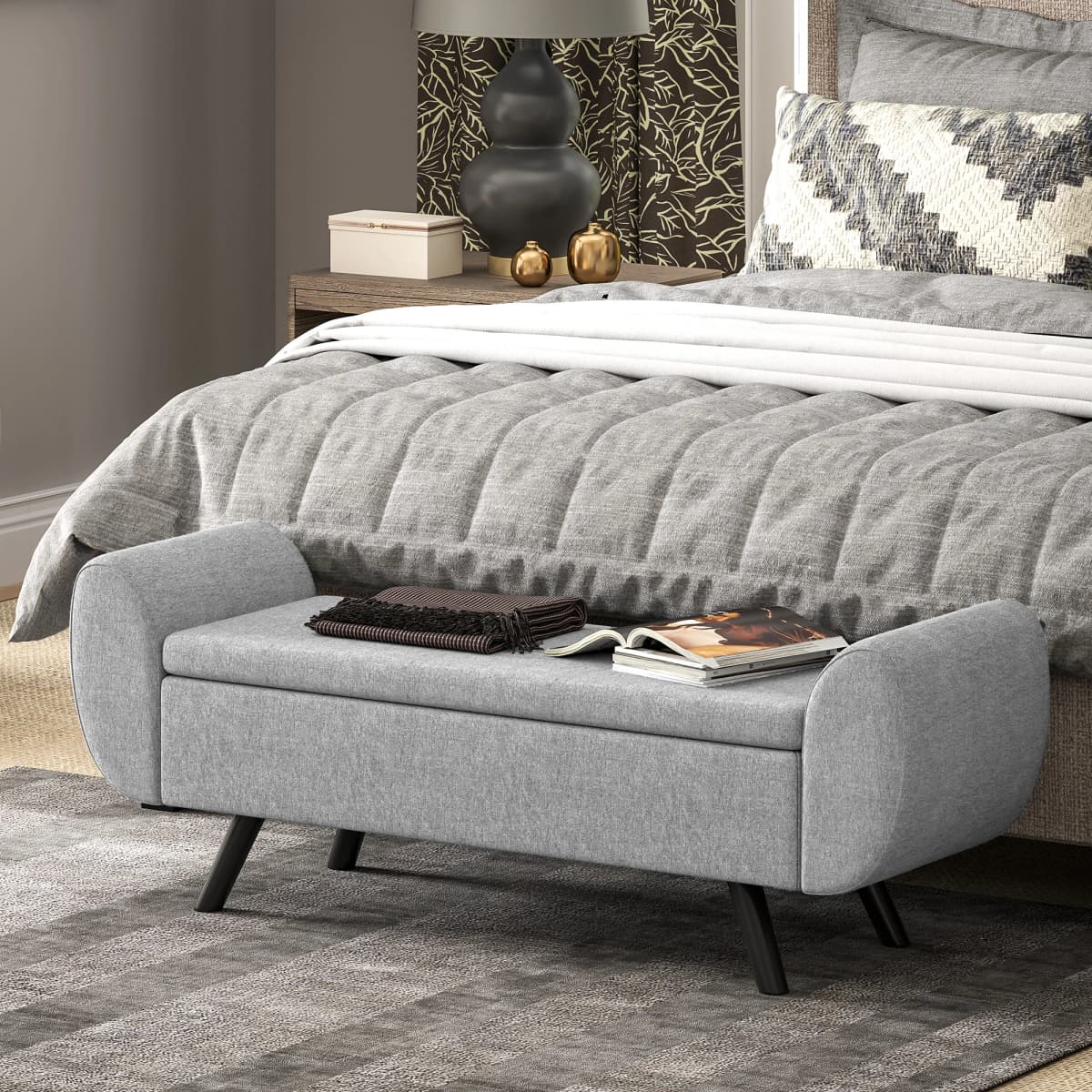 HOMCOM Storage Ottoman with Armrest, Upholstered Linen Storage Bench