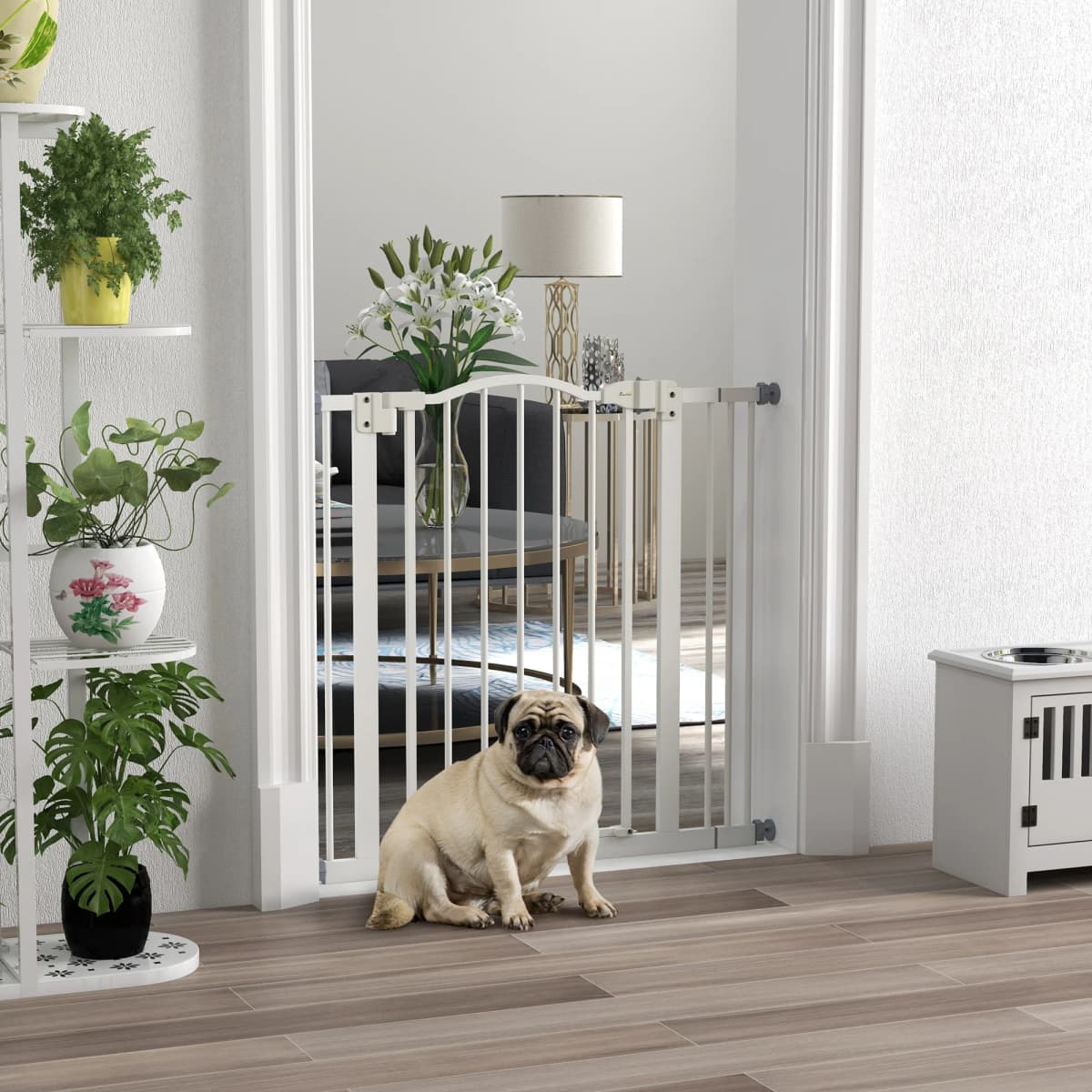 PawHut Adjustable Metal Pet Gate Safety Barrier w/ Auto-Close Door White