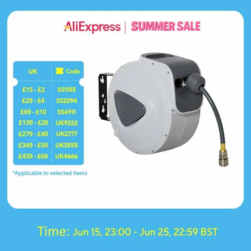 DURHAND Retractable Air Hose Reel Auto Self-Winding Wall Mounted 1/4" 15m+140cm