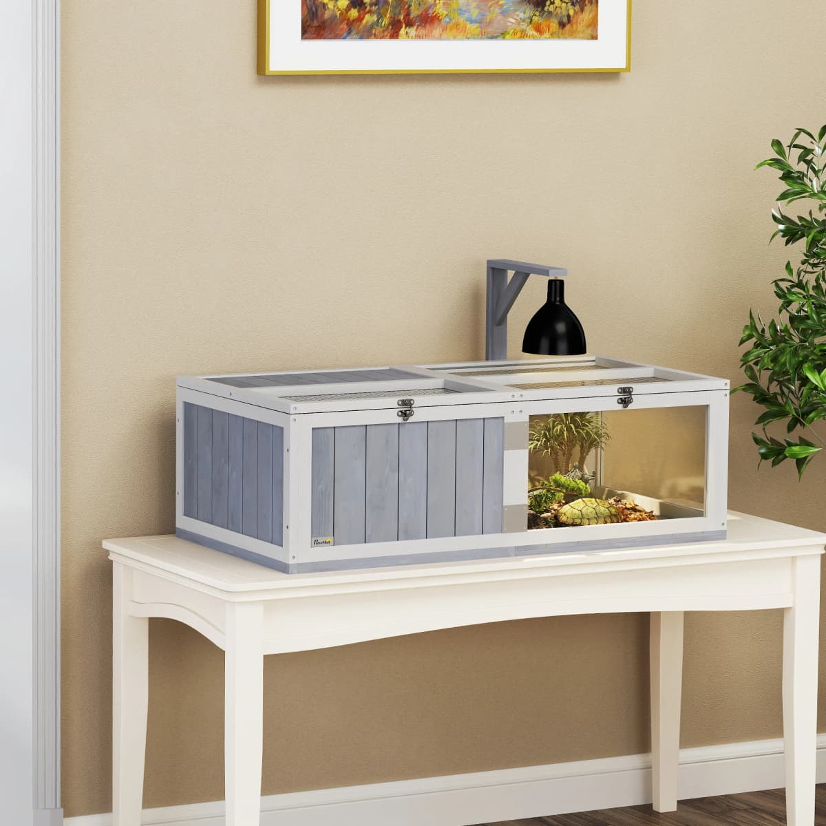 PawHut Wooden Tortoise House with Lamp Holder, Clear Observation Windows