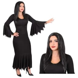 Ladies Gothic Mother Halloween Costume - Long Black Dress & Black Wig Fancy Dress Outfit for Women