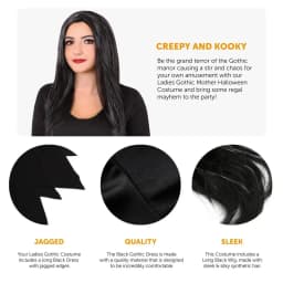 Ladies Gothic Mother Halloween Costume - Long Black Dress & Black Wig Fancy Dress Outfit for Women