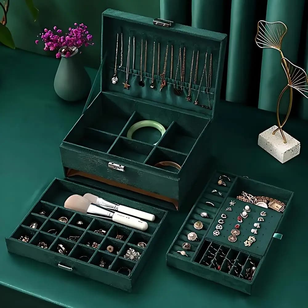 Green 3-Layers Jewelry Box, Large PU Leather Finish Storage Drawer Cabinet, Small Item Organizer Box For Jewelry, Ornaments