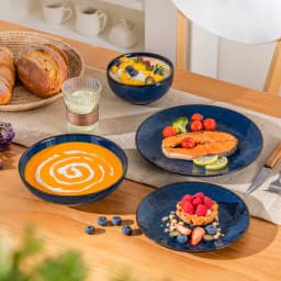 MALACASA LYDIA 16/32 Piece Blue Stoneware Plates Dinner Set Embossment Dinnerware with 6pcs Dinner Plate/Dessert/Soup/Bowl