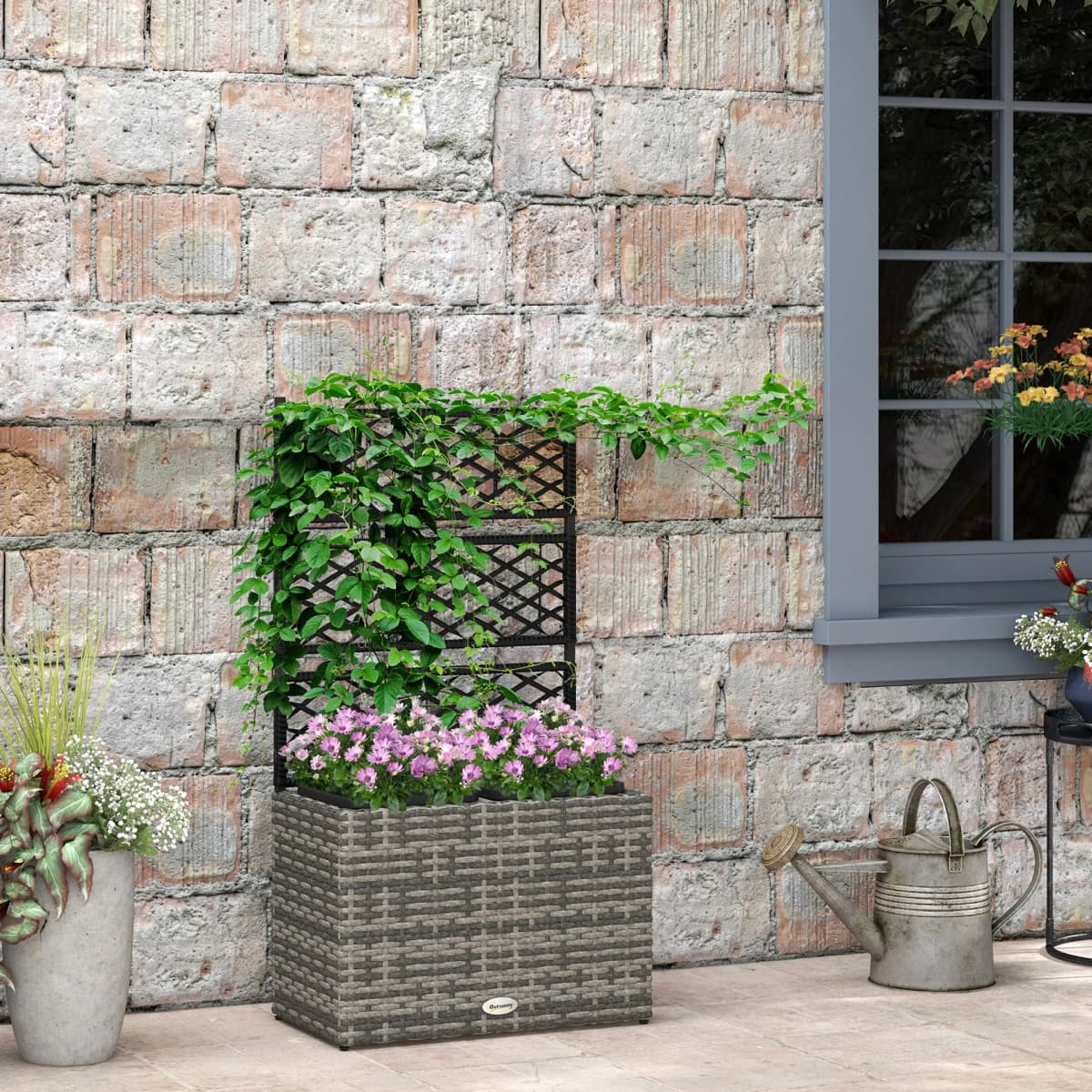 Outsunny 22L Garden PE Rattan Planter with Trellis, Free Standing Flower Raised Bed with Two Plant Boxes for Garden Planter