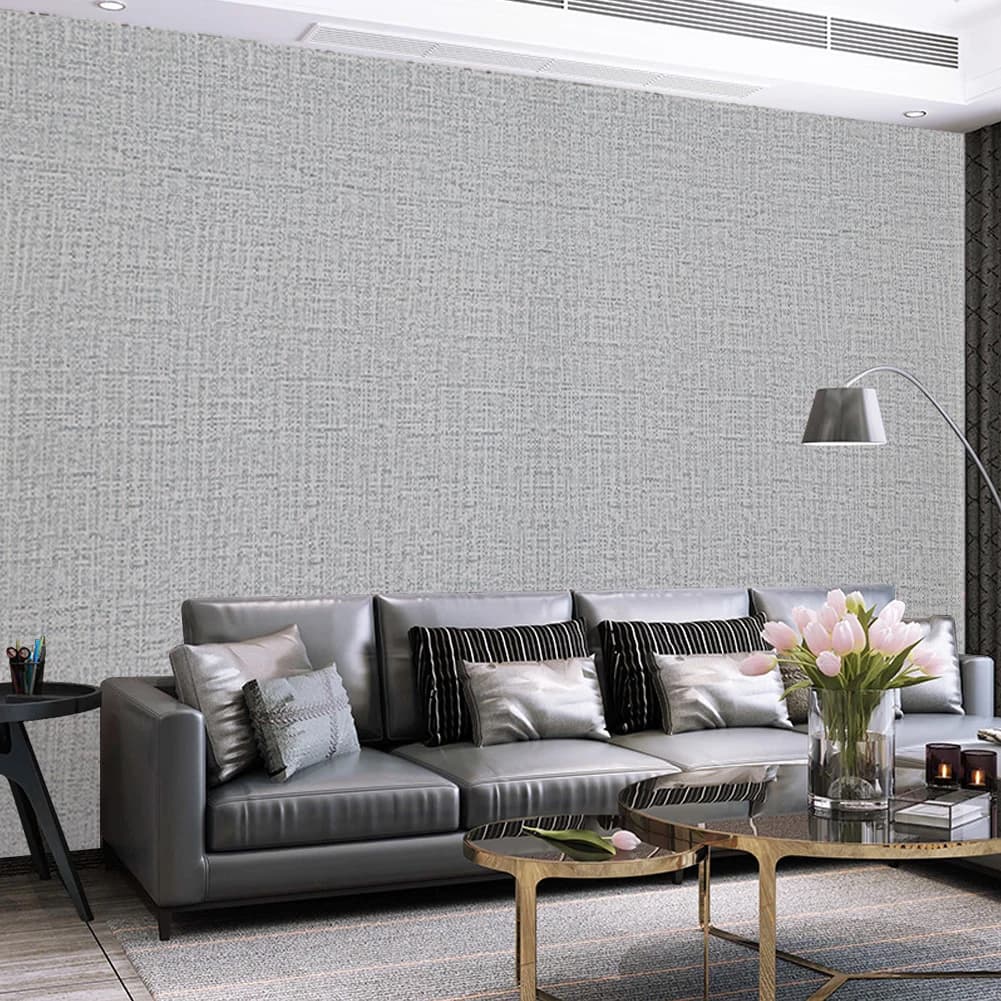 Grey Linen Texture Waterproof and Moisture-Proof PVC Wallpaper Self-Adhesive for Living Room Bedroom Wall Decoration