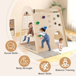 DORTALA 8-in-1 Indoor Jungle Gym Wooden Playground with Climbing Wall-Natural