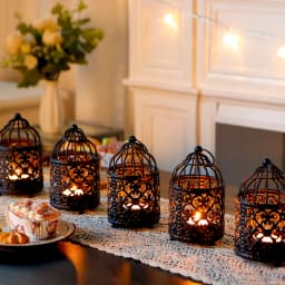 6 Pcs Bird cage Metal Small Candle Holder Candlesticks Hollow Hanging Lantern Creative European Home Party Wedding Decor(Black)