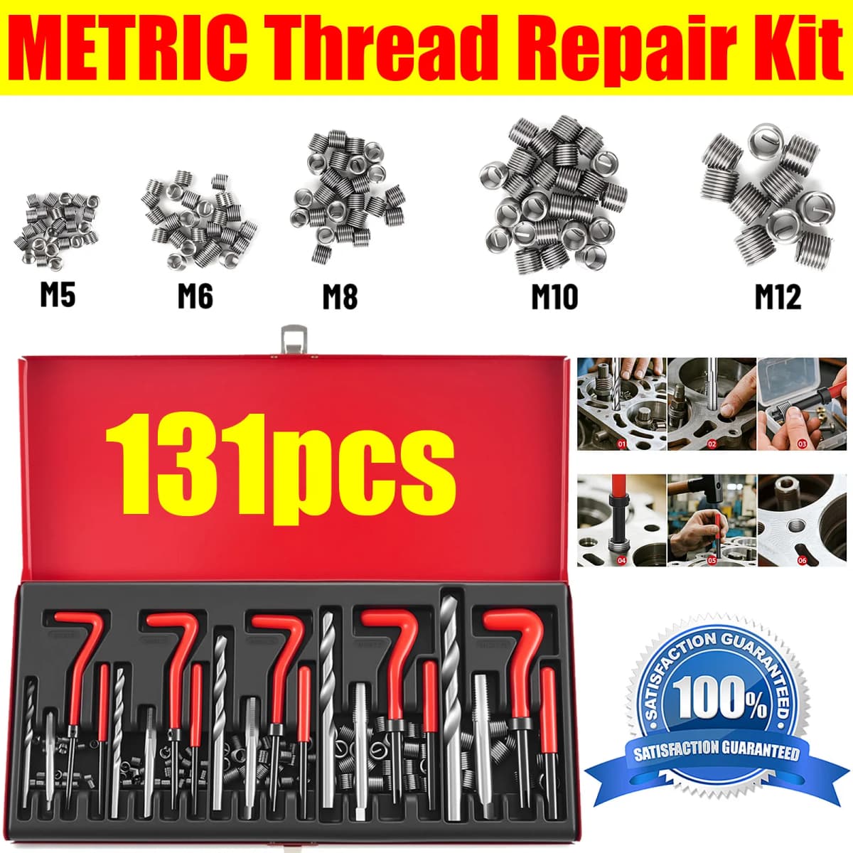 DayPlus 131pcs Thread Repair Kit M5 M6 M8 M10 M12 Screw Thread Inserts For Restoring Damaged Threads Repair Tool Drill Bit + Box
