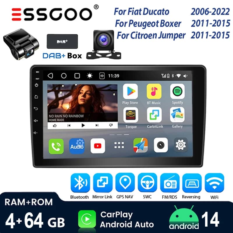 9"4+64GB Car Stereo Radio Bluetooth for Fiat DUCATO Peugeot Boxer Citroen Jumper GPS Navi Android 14 Wireless CarPlay WIFI RDS