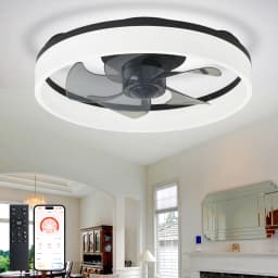20" Modern Low Profile Flush Mount Fandelier - App & Remote Control, Dimmable Black Bladeless Ceiling Fan Light for Bedroom