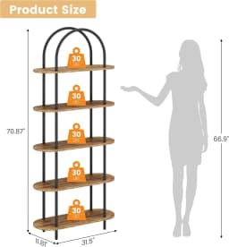 5-Tier Bookshelf, 71 Inch Tall Arched Bookcase, Metal Frame Modern Display Racks with Adjustable Feet, Freestanding