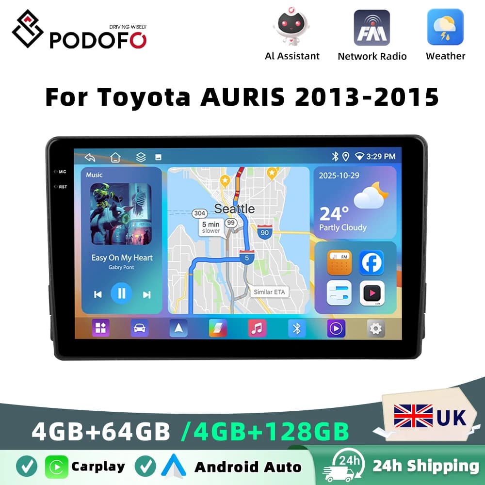 Podofo 4GB+64GB Wireless Carplay Android Auto Car Radio Mirror Link Multimedia Video Player 9 Inch For Toyota AURIS 2013-2015