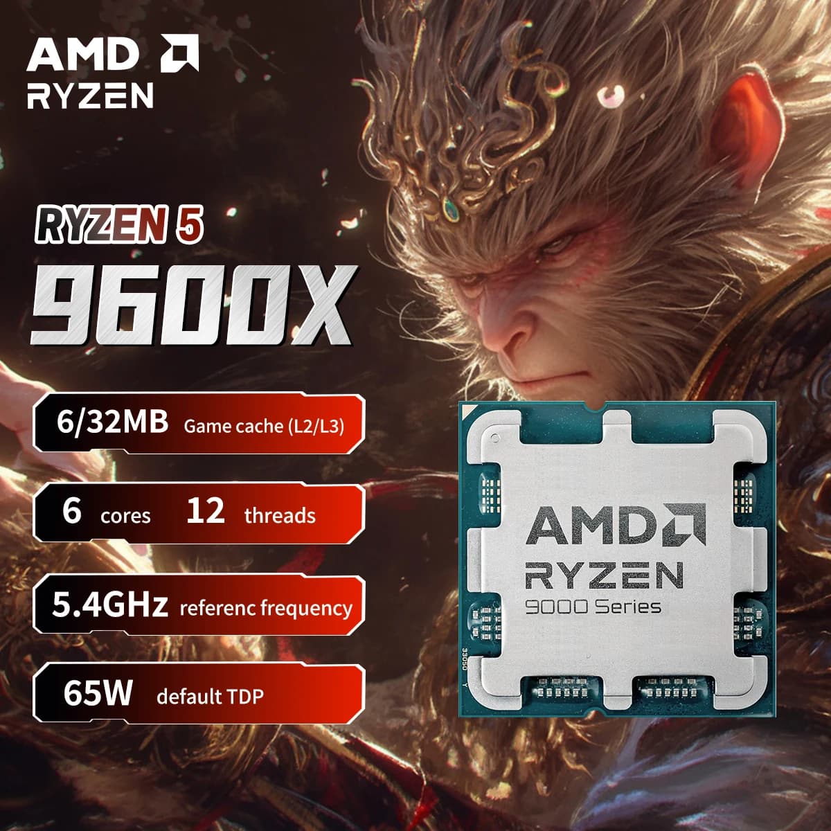 AMD Ryzen 5 9600X 6-Core 12-Thread Desktop Processor, 5.4GHz Max Boost Clock, AM5 Socket, 65W TDP, 32MB L3 Cache, PCIe 5.0 Support, DDR5 Memory Compatible, High Performance Gaming CPU for PC Builds,fan not included